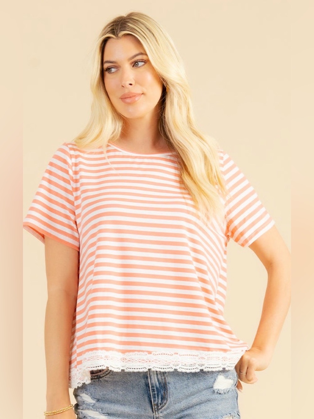 Striped Coral & White Lace-Hem Short Sleeve Top
